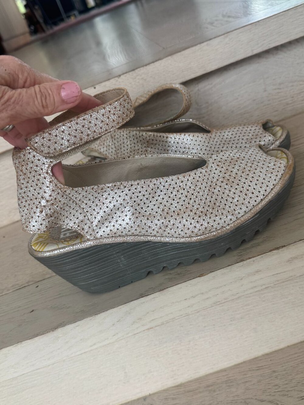 Fly London Yala Leather Perforated Wedges Gold Shimmer Sandals Ankle Strap 41